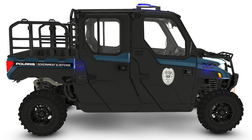 (Right) MacGyver Solutions - 2025 HVAC Police Ranger Crew in Blue Slate Metallic Smoke with Optional Racks. (PN: RXXRSU99AWPP)